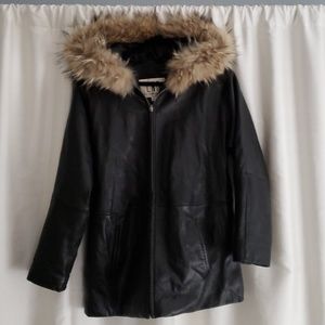 Leather jacket with Fur  Hooded collar